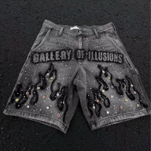 Men’s Baggy Crystal Denim Jorts Shorts Plus Size Slim Fit Acid Wash Distressed Jeans with Diamonds Outfit Party Printed Denim