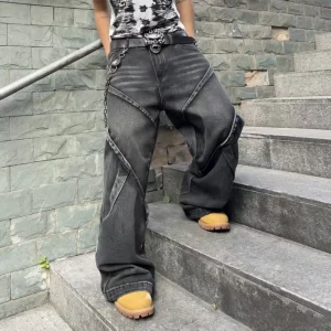 Men’s Baggy Jeans Streetwear Contrast Stitching Wide Leg Denim Pants Loose Fit Jeans for Men