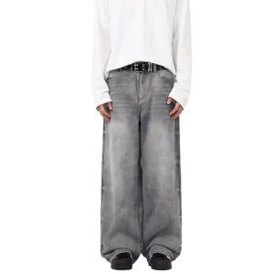 Men’s Baggy Jeans Wide Leg Denim Pants OEM ODM Factory Price Grey Washed High Street Urban Trousers Male Apparel