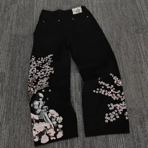 Men’s Baggy Vintage Straight Leg Black Acid Washed Jeans Pants Oversized 3D Embroidery Designer Pattern Denim Hip Hop
