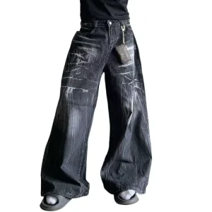 Men’s Baggy Wide Leg Jeans Vintage Washed Black Denim Pants Lightning Print