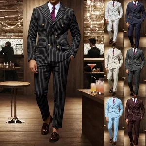 Men’s Beaded Notched Collar Single Breasted Formal Business Suit Set 100% Polyester Striped Blazer & Dress Pants