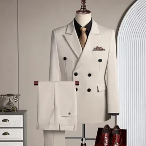 Men’s Beaded Suit Set Vintage Casual Double Breasted Notch Lapel Blazer Straight Leg Suit Pants Set