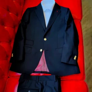 Men’s Black 100% Wool Breathable Slim Fit Gold Buttons 2 Piece Set Formal Wedding Groom Business Party
