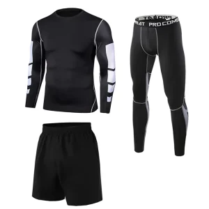 Men’s Black Breathable Eco Friendly Recyclable Compression Four Way Stretch Gym Fitness Sport Set Seamless Outdoor Workout