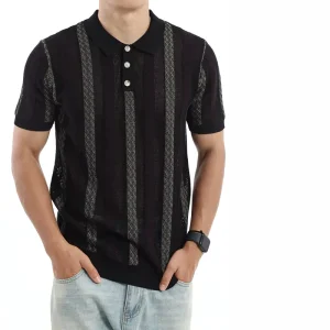 Men’s Black & Burgundy Striped Mesh Knit Old Money Style Short Sleeve Polo Shirt