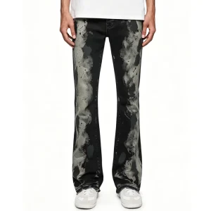 Men’s Black Distressed Acid Washed Calf Jeans Designer Style Denim Streetwear Washed Technique Jeans