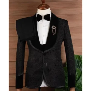 Men’s Black Floral 3 Pieces Shawl Lapel Slim Fit Wedding Groom Tuxedo Custom Male Suit Jacket Vest Pant