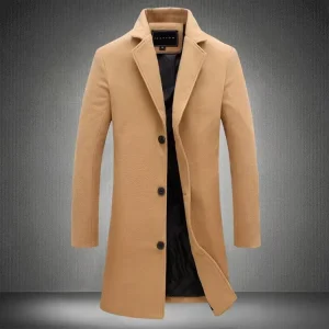 Men’s Black Fold Collar Poly Fabric Long Sleeve Knit Wool Coat