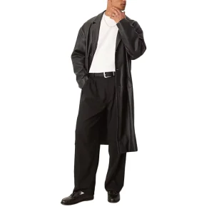 Men’s Black Oversized Casual Business Long Windbreaker PU Faux Leather Synthetic Leather Trench Coat for Autumn Winter