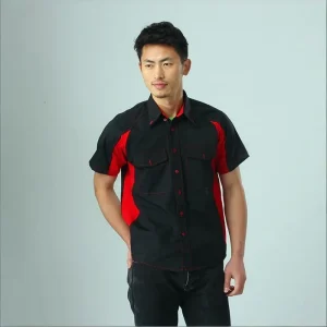 Men’s Black Red Contrast Short Sleeve Work Shirt Mechanic Workwear For Auto Repair Factory Workshop Custom Logo