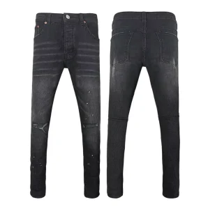 Men’s Black Ripped Jeans Distressed Paint Splatter Vintage Washed Streetwear Trousers for Men