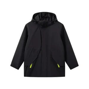 Men’s Black Softshell Jacket DWR Water Repellent Windproof Breathable Mid Length Outdoor Coat with Adjustable Hood Cargo Pockets