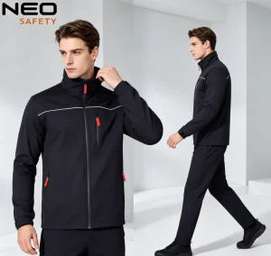Men’s Black Stand Collar Softshell Jacket Red Zipper Accents Reinforced Seams Work Outer Coat Men Uniform