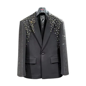 Men’s Black Studded Rhinestone Blazer Tailored Luxury Embellished Suit Jacket for Men’s Party Wedding