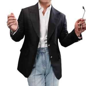 Men’s Black Suit Jacket Peak Lapel Fashion Business Blazer Slim Fit Formal Suit Jacket