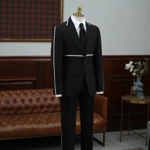 Men’s Black Suit Set with Contrast Striped Webbing Modern Prep Style Slim Fit Blazer for Creative Events Premium Suit Set