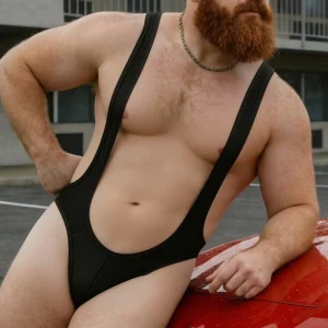 Men’s Black Triangle Cut Bodysuit for Bear & Confident Fit Matte Swimwear Fabric 82% Polyamide Party OEM Men’s Bodysuits