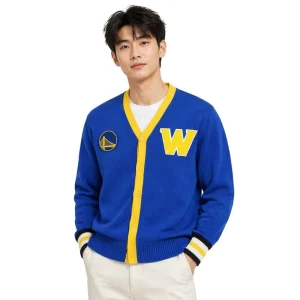 Men’s Blue Gold Letter Thick V Neck Sweater Viscose Cotton Knitted Vintage Jacquard Embroidered