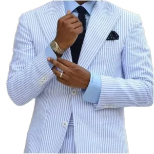 Men’s Blue Single Breasted Pinstripe Work Business Suit 2 Piece Blazer Pants Zipper Fly Flat Front for Wedding Prom Tuxedos