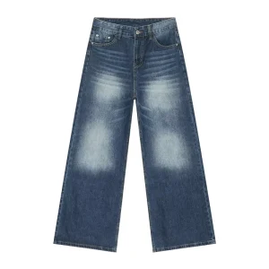 Men’s Blue Washed Wide-Leg Printed Jeans Retro Distressed Finish Breathable Casual Streetwear Relaxed-Fit Daily Denim Pants