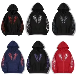 Men’s Breathable Casual Fashionable Zipper Hooded Sweatshirt with Colorful Printed Street Hip hop Style Men’s Sportswear