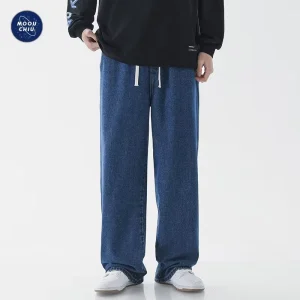 Men’s Breathable Denim Jeans American Style High Street Loose Straight-Leg Mid Elastic Waist Spring Casual Pants