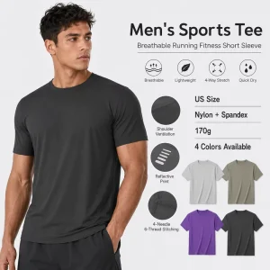 Men’s Breathable Running Fitness Short Sleeve 4 Way Stretch Quick Dry Nylon Spandex Custom OEM ODM Gym T Shirts