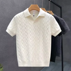 Men’s Breathable Spandex/Cotton Diamond Knit Short Sleeve Casual V-Neck Collared Knitwear for Daily Office Wear
