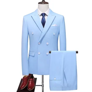 Men’s British Style Business Casual 2 Piece Anti Wrinkle Windproof Blazer Suit with Zipper Fly Flat Front for Wedding Party Wear