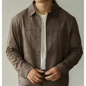 Men’s Brown Casual Bomber Jacket Stand Collar Single Button Closure Pockets Regular Fit Breathable Windproof
