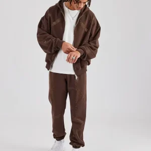 Men’s Brown Zip Tracksuit Breathable Sustainable Print Design for Autumn Jogging or Gym with Sweatpants and Logo