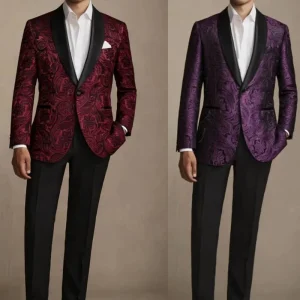 Men’s Burgundy & Purple Paisley Print Single Breasted Suit Blazer Satin Lapel Wedding Party Jacket