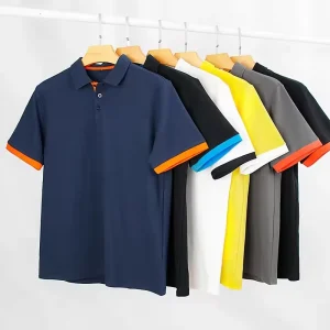 Men’s Business Casual Half Sleeve POLO Shirt 100% Cotton Contrast Colors Embroidered Logo Simple Top Design