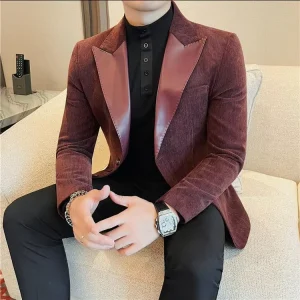 Men’s Business Casual Single Breasted Blazer Top Outerwear with Leather Lapel Fashionable Suit Jacket for Men