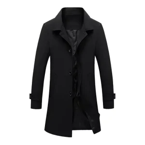 Men’s Business Casual Slim Waterproof Blazer Long Trench Coat with Button Decoration 100% Polyester Spring Autumn Outerwear