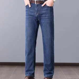Men’s Business Casual Straight Leg Denim Pants Lightweight Medium Wash Mid Waist Loose Fit For Men