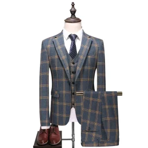 Men’s Business Casual Three-Piece Slim Suit Large Size Pleated Front Woolen Fabric Popular Design