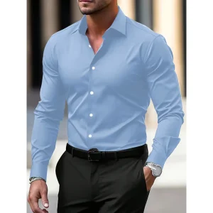 Men’s Business Collar Dress Shirt Solid Color Long Sleeved Casual Shirt No Ironing Required Suit Shirt