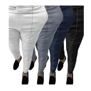 Men’s Button Fly Plaid Pencil Pants Slim Fit Formal Business Casual Trousers for Men