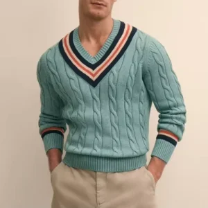 Men’s Cable Knit V Neck Sweater Autumn Winter Casual Pullover Cotton Jumper Knitwear