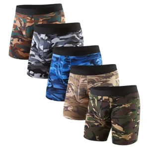Men’s Camouflage Mid Long Boxer Briefs Anti Chafing Extended Leg Design Cotton Plus Size Sports Underwear With Soft Pure Cotton Crotch