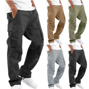 Men’s Canvas Mid Waist Breathable Quick Dry Casual Baggy Elastic Pants Straight Cargo Pocket
