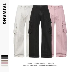 Men’s Cargo Pants 100% Polyester Mid Waist Loose Wide Leg Drawstring Closure Multi Pocket High Street Streetwear
