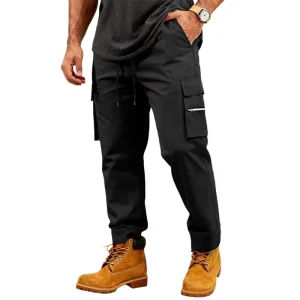 Men’s Cargo Pants Loose High Street Hip Hop Style Trousers Multi-Pockets Solid Color Cuffed Long Pants