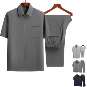 Men’s Casual 2-Piece Set Breathable Short Sleeve Shirt and Long Pants Lapel Button Solid Color Knitted Fabric for Summer