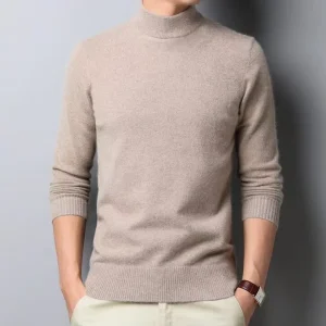 Men’s Casual Anti-Wrinkle Half High Neck Long-Sleeved Sweater Breathable Polyester Cotton Solid Pattern Knitwear for Autumn
