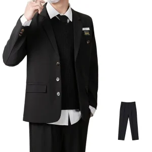 Men’s Casual Black Suit 2 Piece Set Japanese Style Relaxed Fit Blazer and Trousers