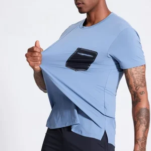 Men’s Casual Blank Solid Woven Anti-Wrinkle Quick-Drying Breathable Sportswear T-Shirt Stretch Fitness Training with Pocket
