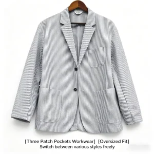 Men’s Casual Blazer Poly Cotton Seersucker Vertical Stripe Loose Fit S 3XL Breathable Lightweight OEM Available